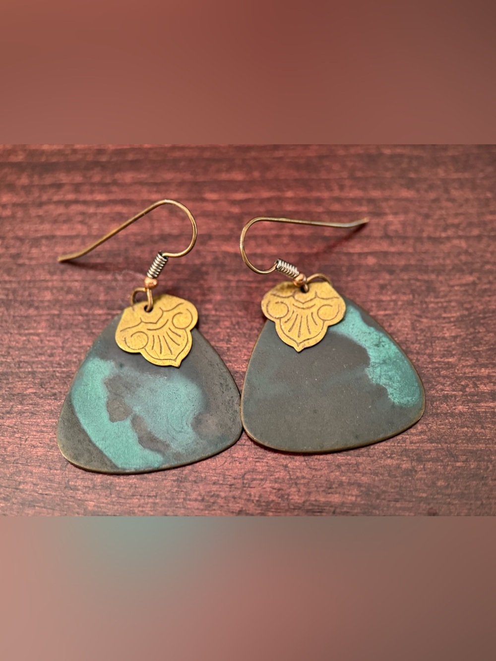 Patina Teardrop Earrings with Decorative Gold Motif